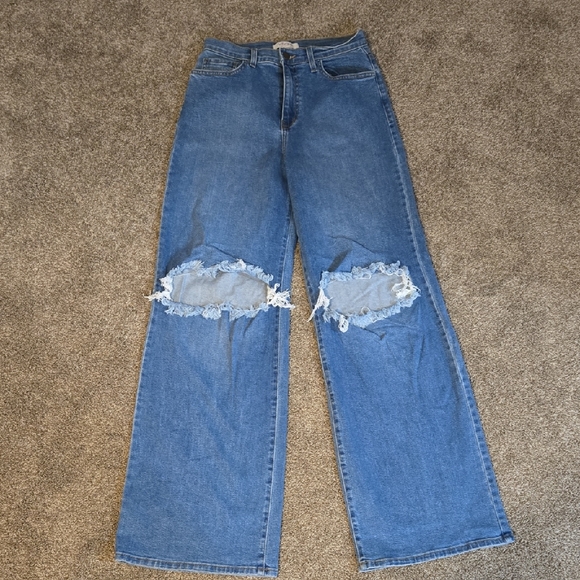 Vibrant Blue Distressed Flare Jeans - Picture 1 of 6